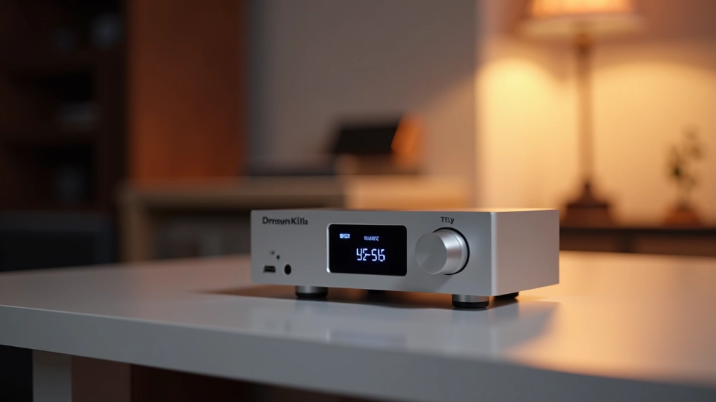 Kompaktní USB DAC zesilovač s digitálním displejem a odolným hliníkovým pouzdrem, ideální pro stolní hi-fi audio setup
